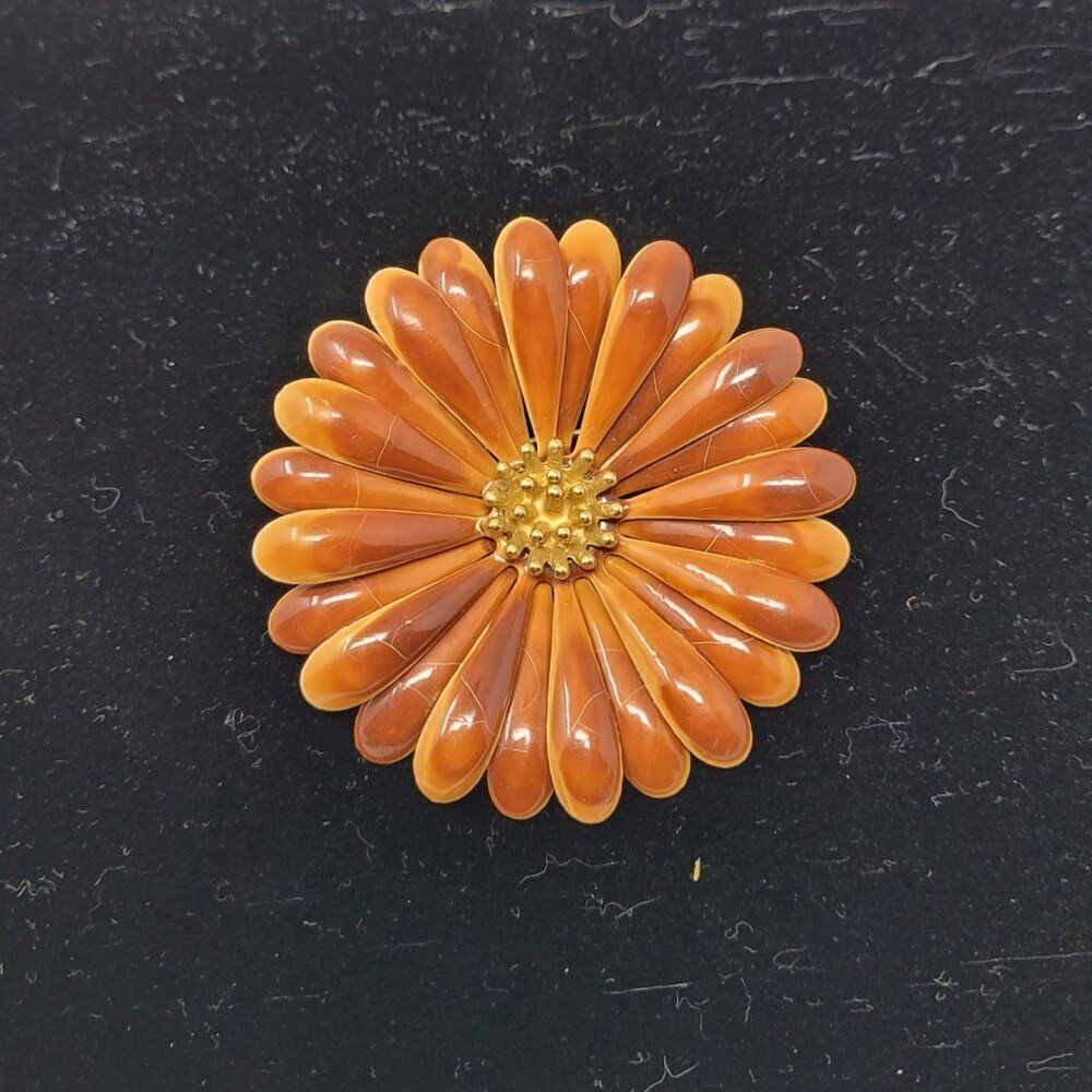 Vintage 60s‎ Brown Orange Enamel Flower Brooch Pin Mid-Century Mod Sunflower Lg